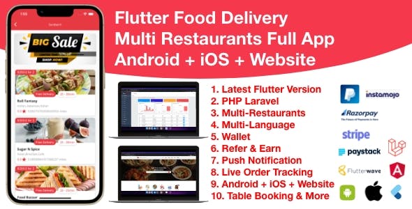 Flutter 3 Food Delivery Multi Restaurants Laravel Backend (Android + iOS + Website + Admin + PWA)